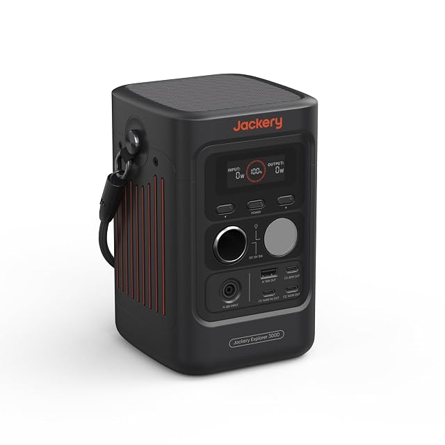 Jackery Explorer 300D Powerstation, aufrecht stehend, mit integriertem USB-C-Kabelgriff