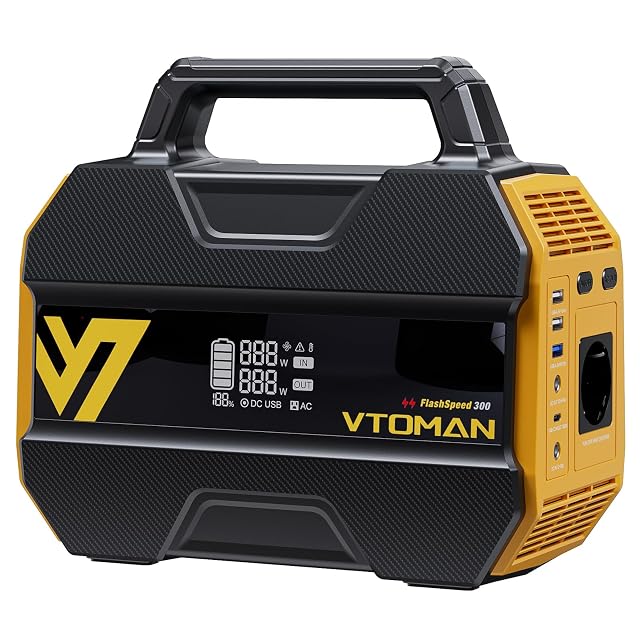 VTOMAN FlashSpeed 300 tragbare Powerstation mit ihrer Anzeige und ihren Ausgangsbuchsen