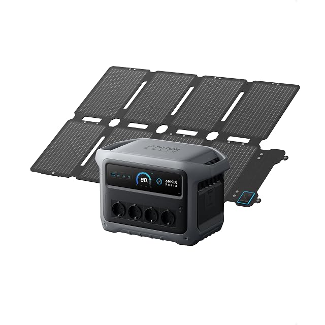 Anker SOLIX C1000 Gen 2 Station mit einem dahinter aufgeklappten faltbaren 100-W-Solarpanel