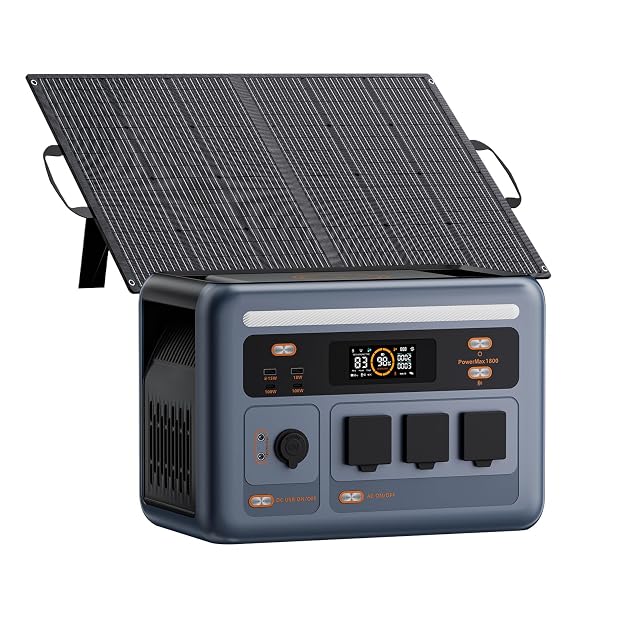 OSCAL PowerMax 1800SE Powerstation neben einem faltbaren 100-W-Solarpanel