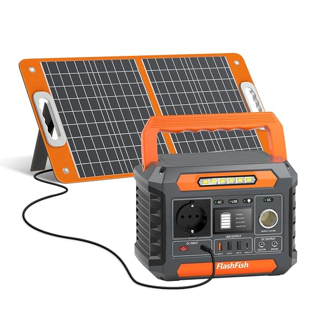 Orangefarbene FlashFish P66A Powerstation neben ihrem faltbaren 60-W-Solarpanel