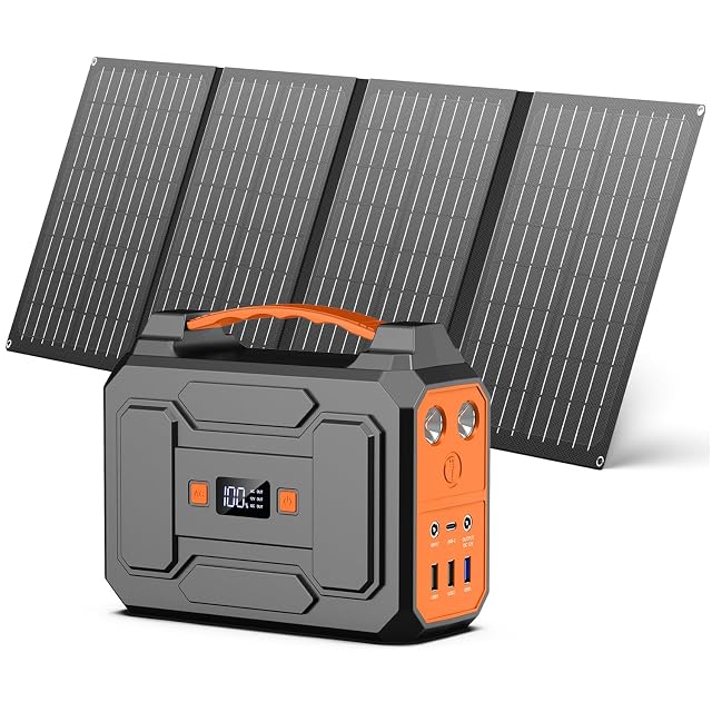Tragbare Powkey Powerstation neben ihrem zusammengefalteten 40-W-Solarpanel